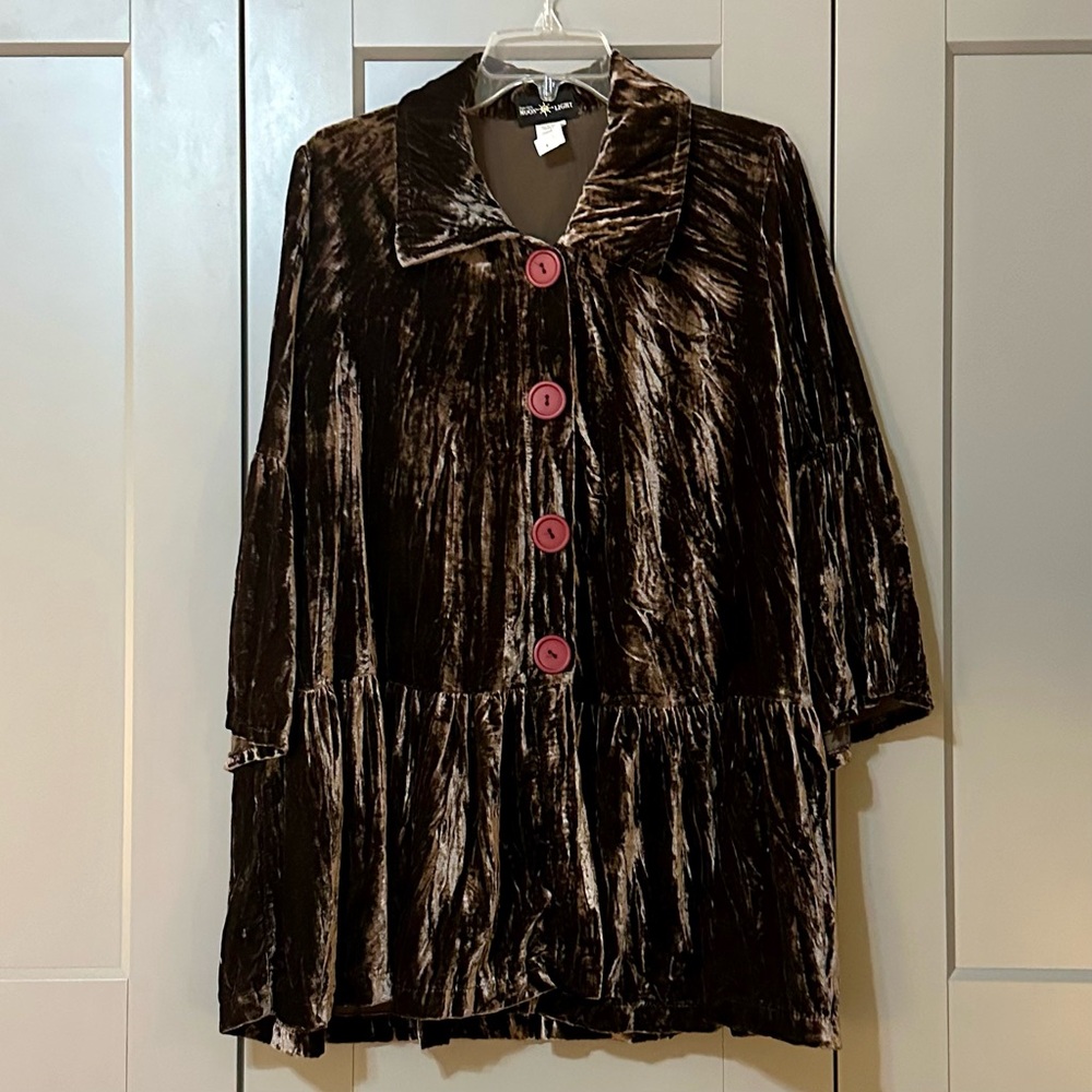 Connie’s Moonlight Crushed Velvet Swing Jacket Collared Brown Oversized Sz Small